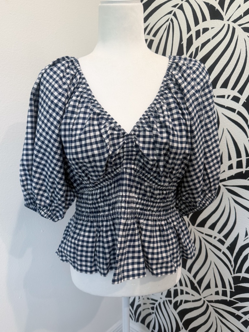 Old Navy Navy and White Gingham Peplum Puff Sleeve Top